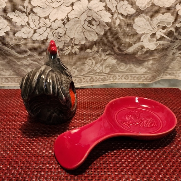 Cracker Barrel Kitchen Ceramic Rooster Scrubby Holder And Spoon